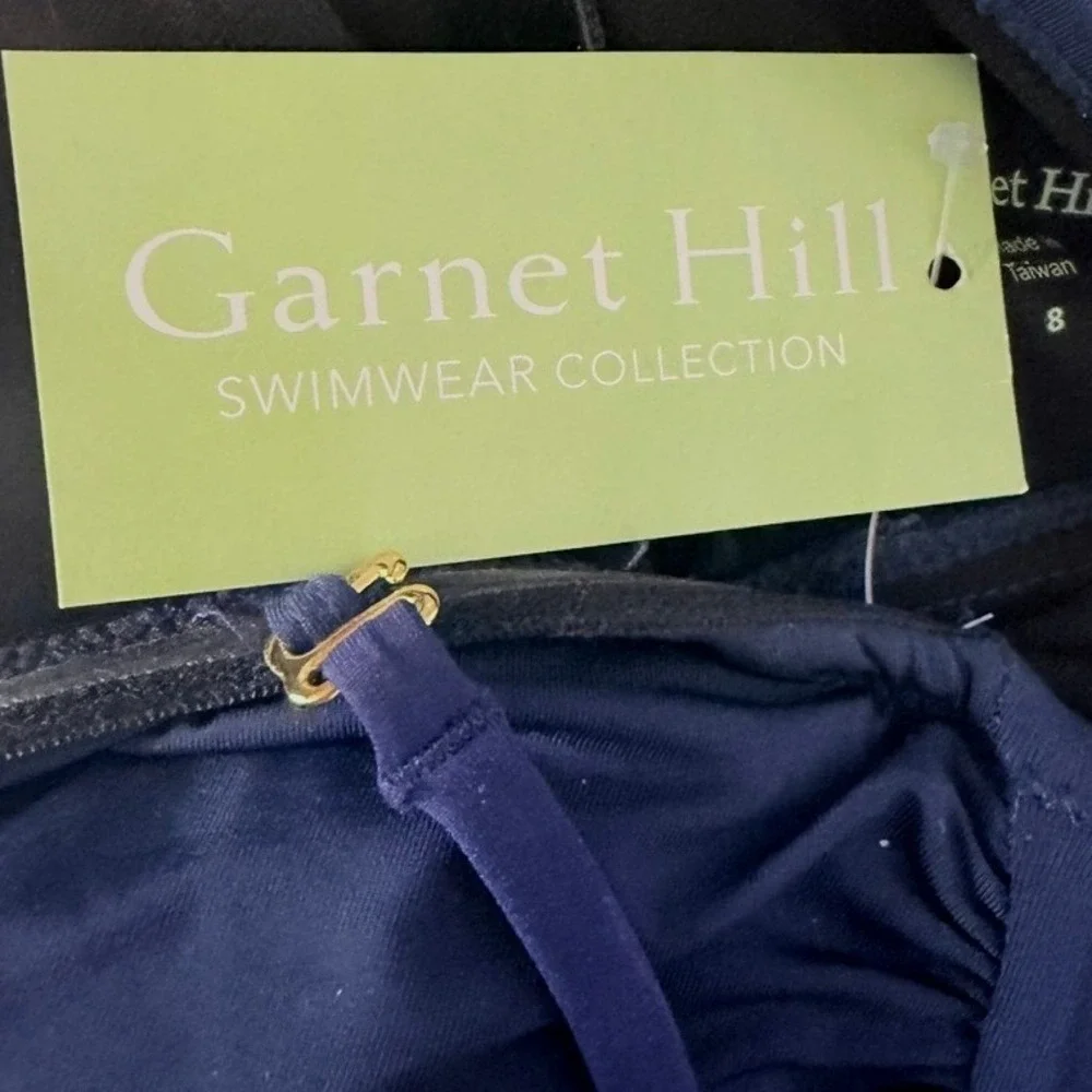Garnet‎ Hill Navy Blue Ruched Crossover One Piece Swimsuit 33497 Womens 8 NEW